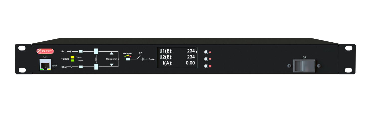 ATS-1204/32: 1U, 230V, 32А, in (2) IEC 60309 P+N+E, out (2) C19 (9) C13, Display