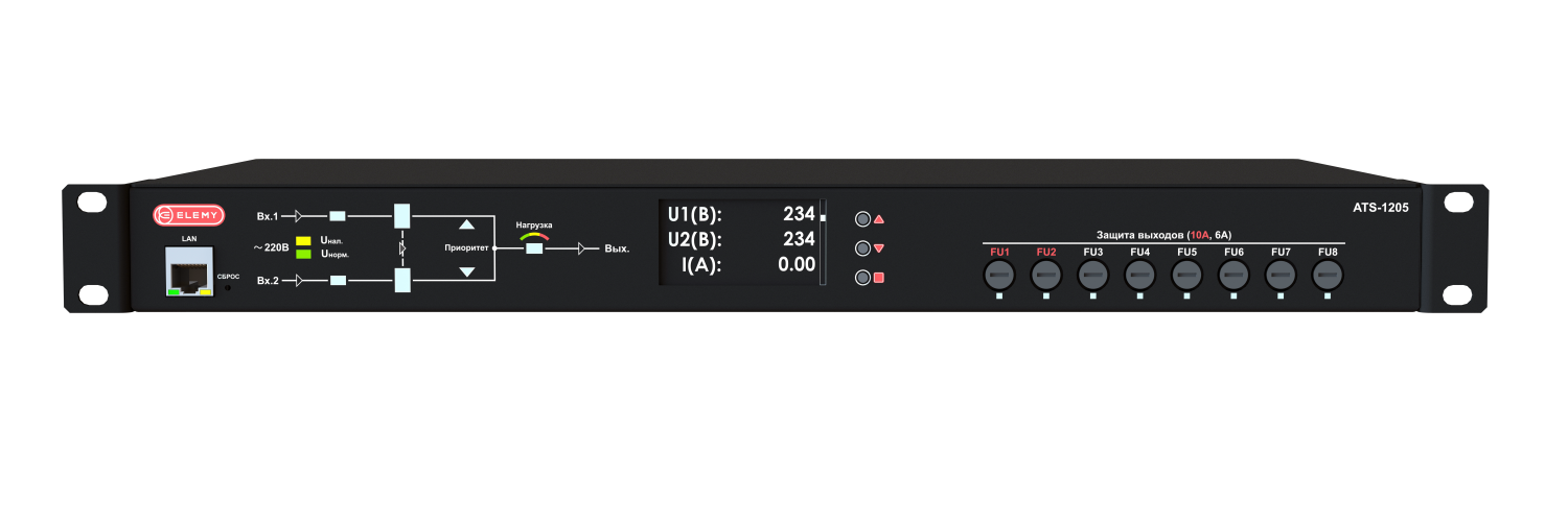 ATS-1205/16: 1U, 230V, 16А, in (2) C20, out (2) C19 (6) C13, Display, Fuse socket